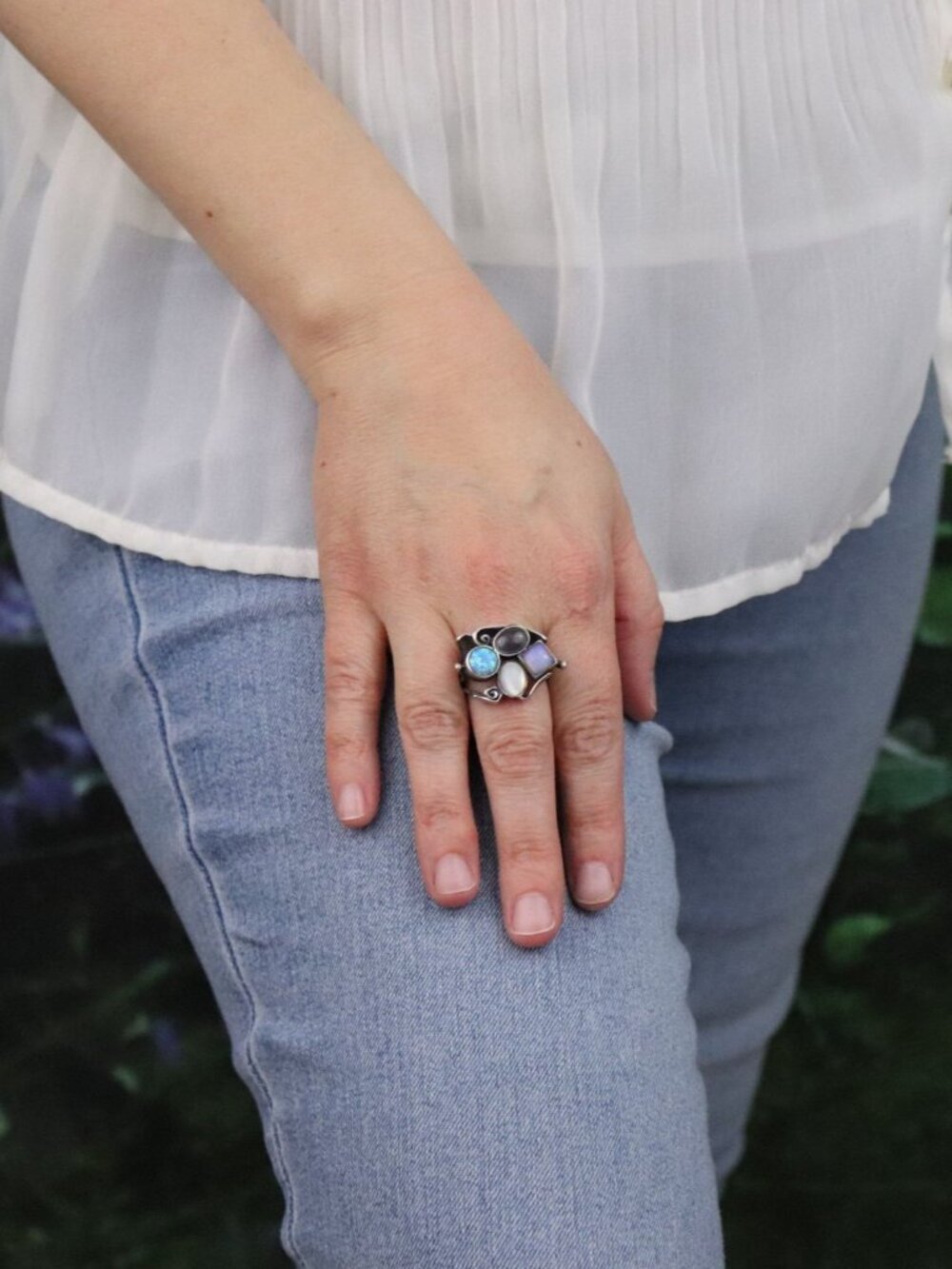 Sterling Silver Opal, Moonstone, Mother of Pearl Ring Size 9 1/2 - Picture 3 of 7
